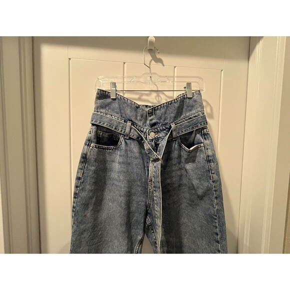 Guess Reda Fold Over High Waist Straight Leg Jeans Belted Medium Wash - Picture 3 of 7